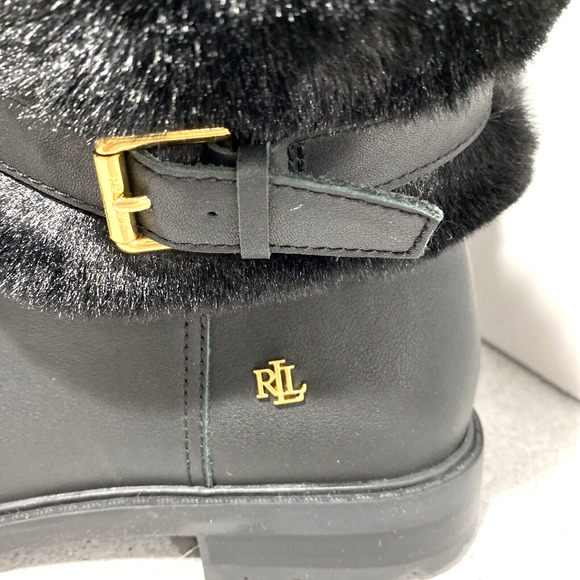 Lauren Ralph Lauren Evanston boots black leather and faux fur pull on style 8.5M - Picture 3 of 10